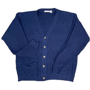 Vintage Claiborne Cardigan Sweater Mens Medium Navy Chunky Cable Grandpa 90s